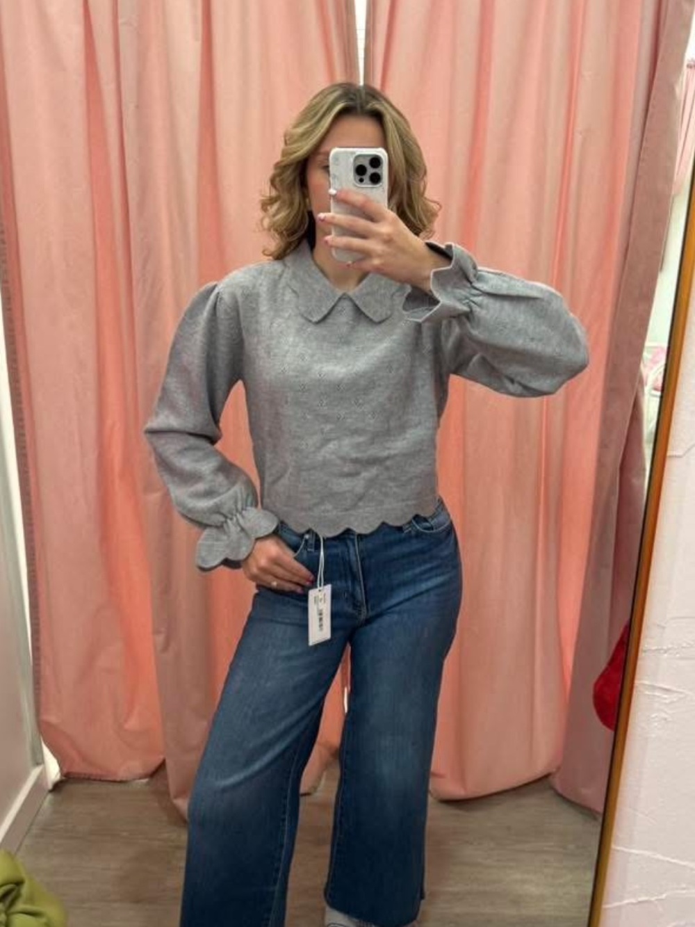 TCEC Gray Scalloped Hem Collared Sweater